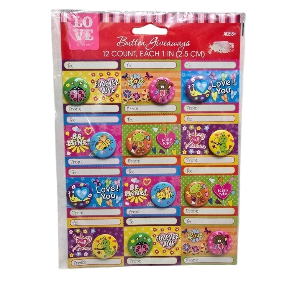 Button Giveaways Pins St Valentine's Day 12 Count 1" New OB Vintage 2014